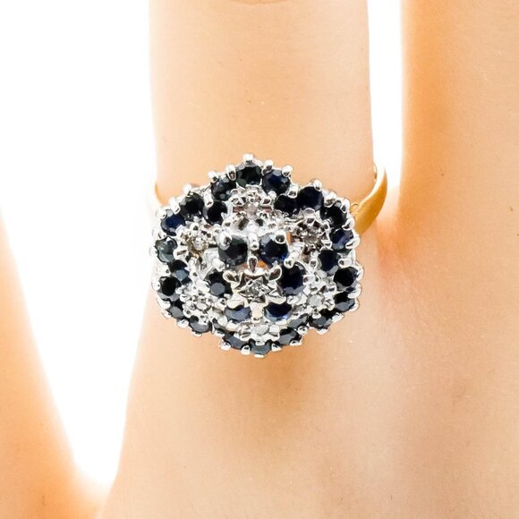 Vintage Sapphire And Diamond Flower Cluster Gold Ring Size 8.5 Inches - Picture 2 of 6